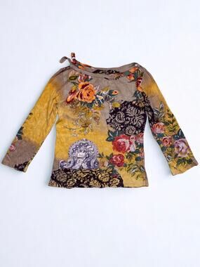 Vtg Y2K Derhy Yellow Brown Dyed Floral Print Venetian Beaded Boatneck Top